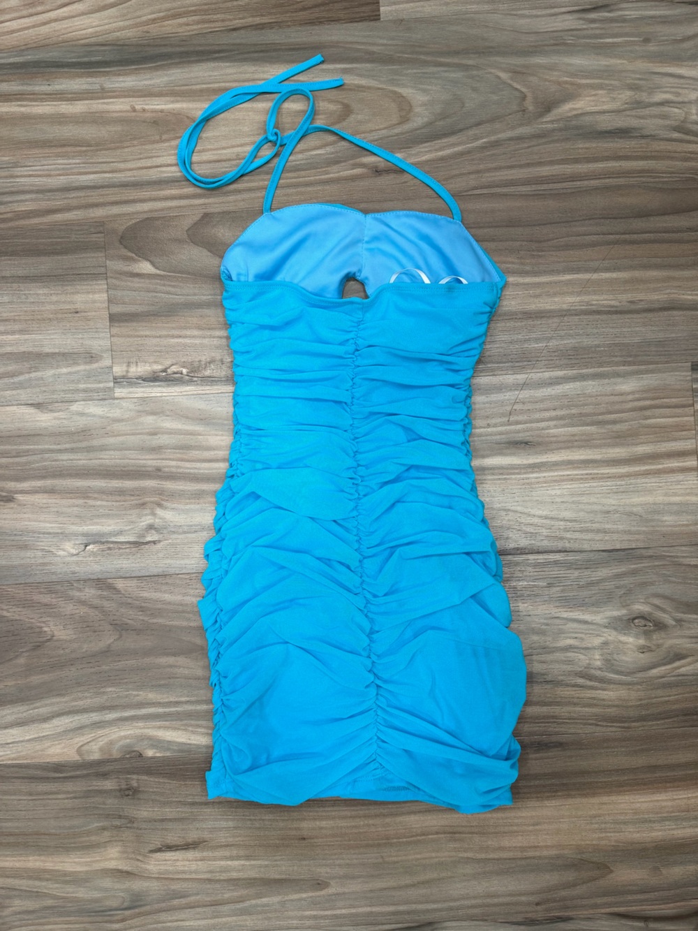 Bright Turquoise Ruched Mini Dress - Picture 2 of 3